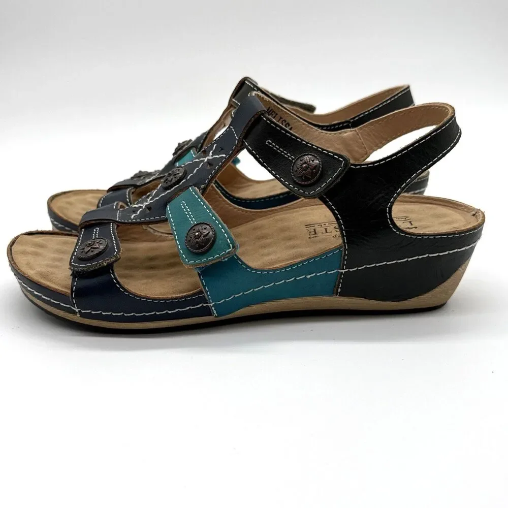 L'Artiste by Spring Step MELISSA Navy/Teal Leather Wedge Sandal Wm US 7.5 & EU38